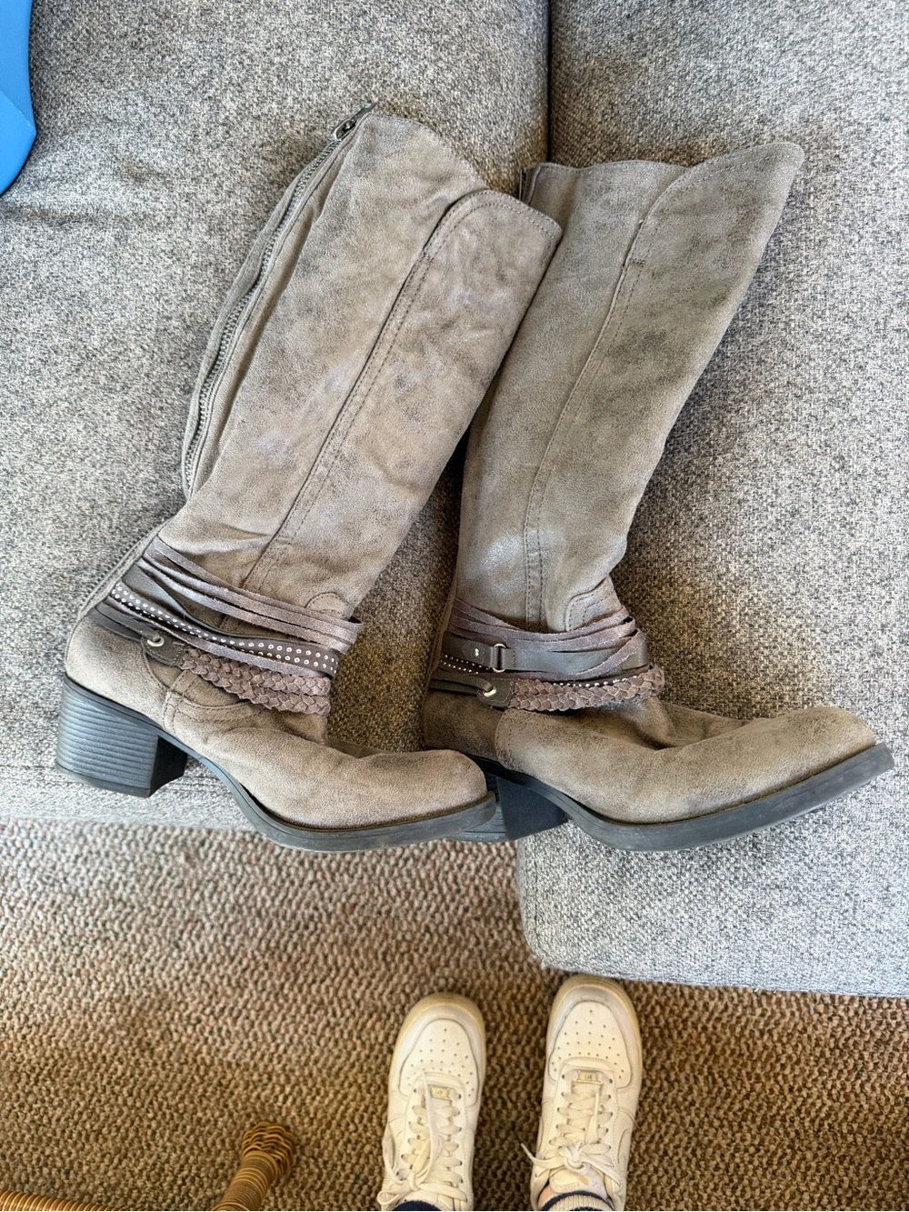 Gray suede knee-high boots